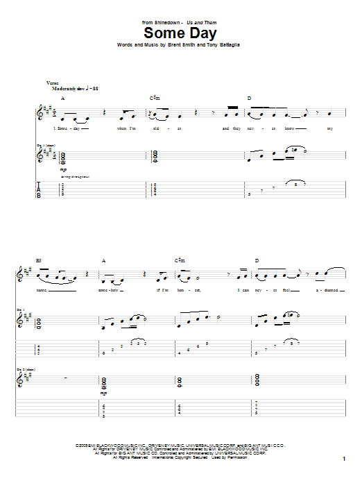 Download Shinedown Some Day Sheet Music and learn how to play Guitar Tab PDF digital score in minutes