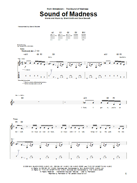 Download Shinedown Sound Of Madness Sheet Music and learn how to play Guitar Lead Sheet PDF digital score in minutes