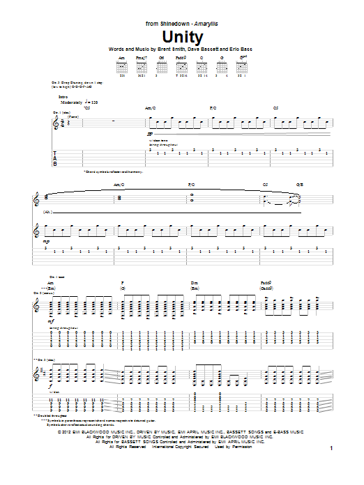 Download Shinedown Unity Sheet Music and learn how to play Guitar Tab PDF digital score in minutes