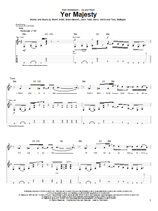 Download Shinedown Yer Majesty Sheet Music and learn how to play Guitar Tab PDF digital score in minutes