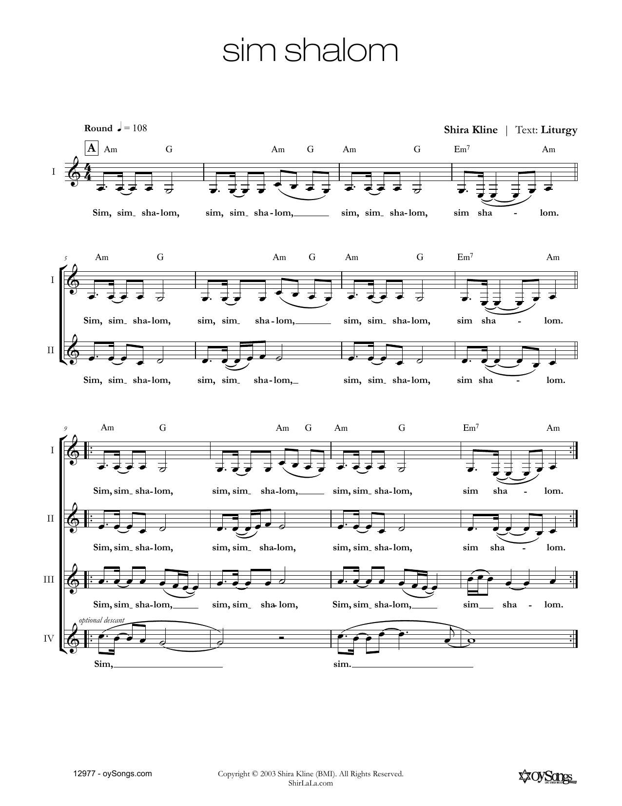 Download Shira Kline Sim Shalom Sheet Music and learn how to play Real Book – Melody, Lyrics & Chords PDF digital score in minutes
