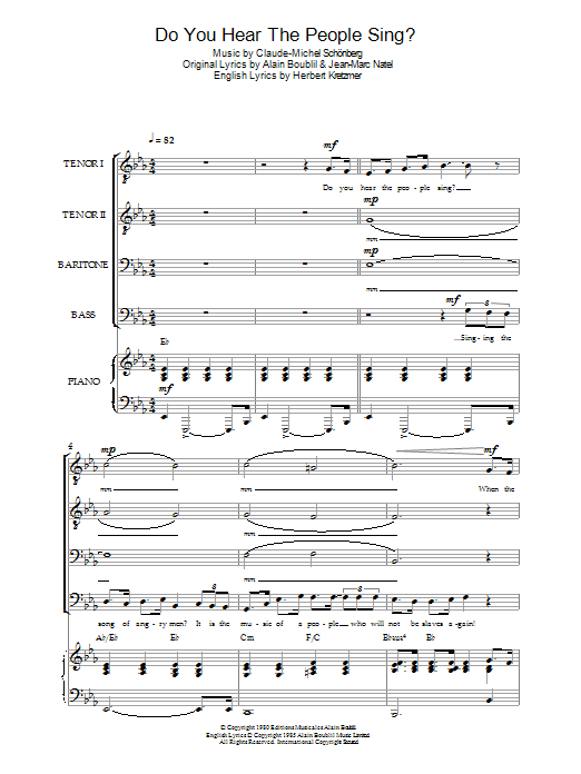 Download Boublil and Schonberg Do You Hear The People Sing? (from Les Miserables) Sheet Music and learn how to play TTBB PDF digital score in minutes