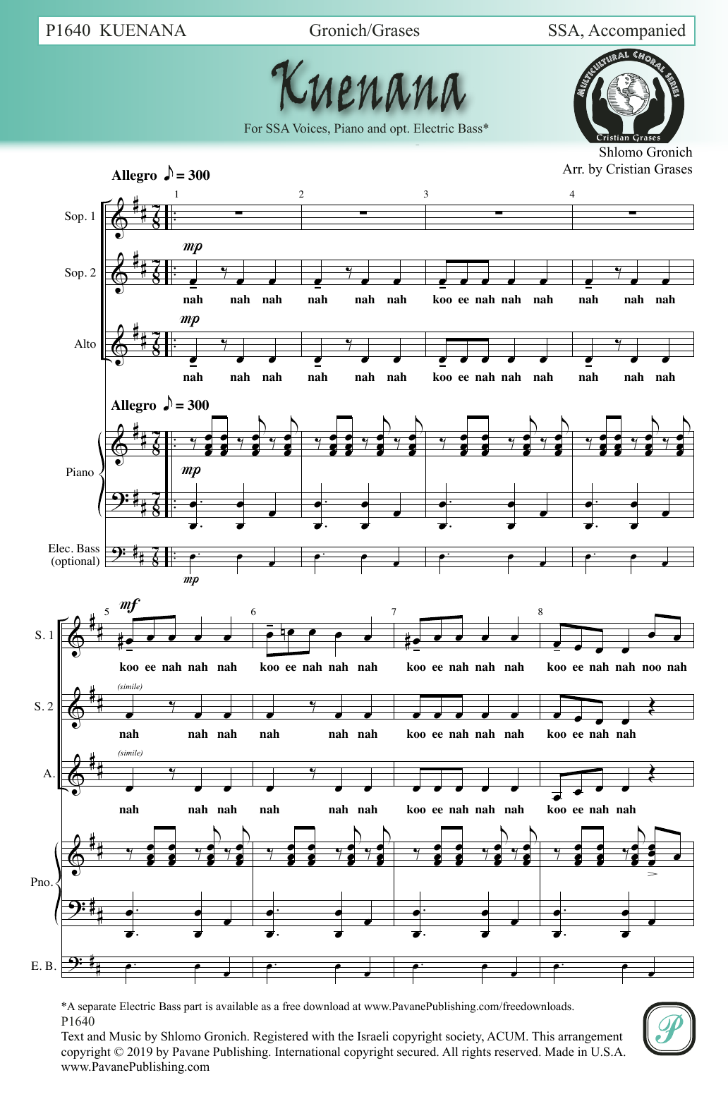 Download Shlomo Gronich Kuenana (arr. Cristian Grases) Sheet Music and learn how to play SSA Choir PDF digital score in minutes