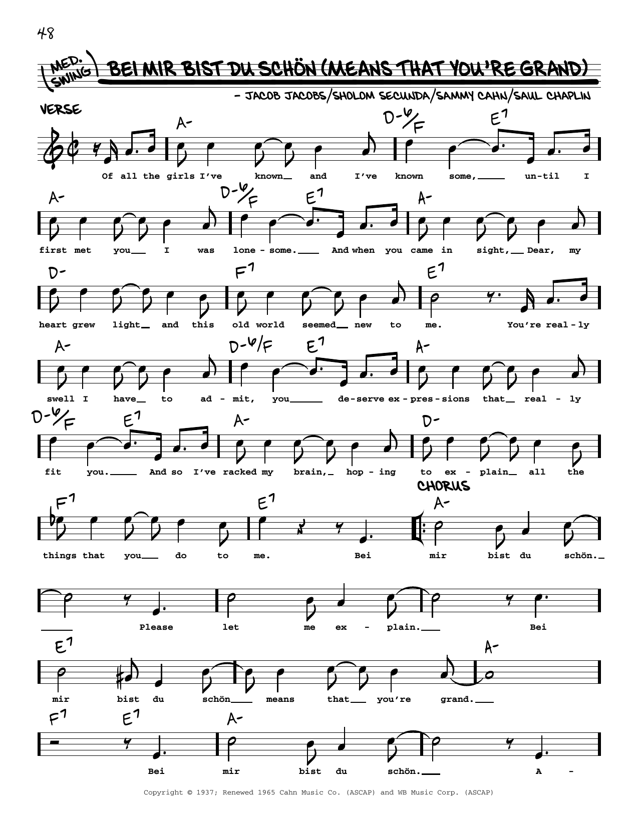 Download Sholom Secunda Bei Mir Bist Du Schon (Means That You're Grand) (arr. Robert Rawlins) Sheet Music and learn how to play Real Book – Melody, Lyrics & Chords PDF digital score in minutes