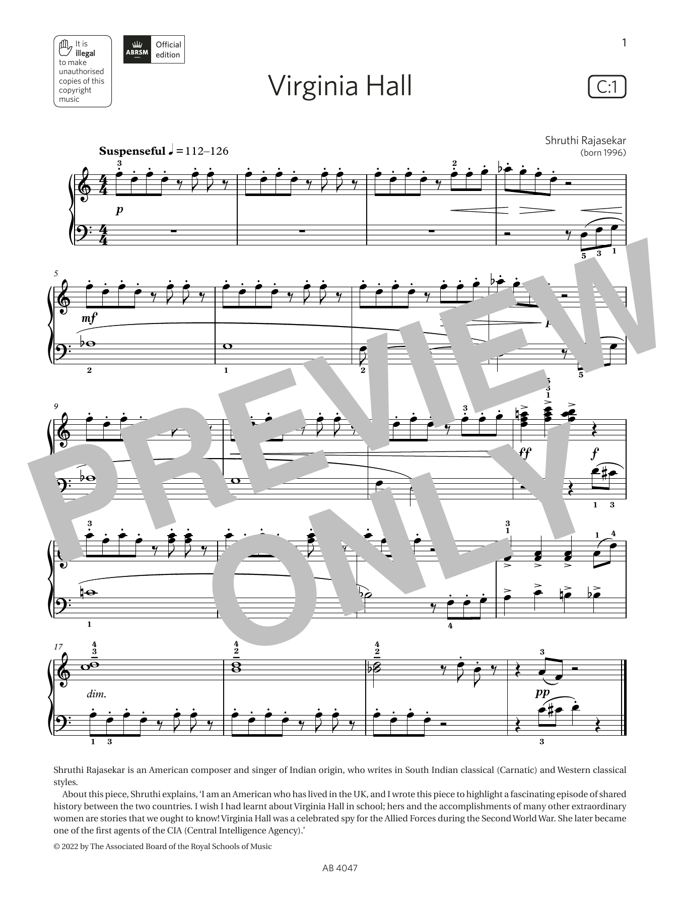 Download Shruthi Rajasekar Virginia Hall (Grade 1, list C1, from the ABRSM Piano Syllabus 2023 & 2024) Sheet Music and learn how to play Piano Solo PDF digital score in minutes