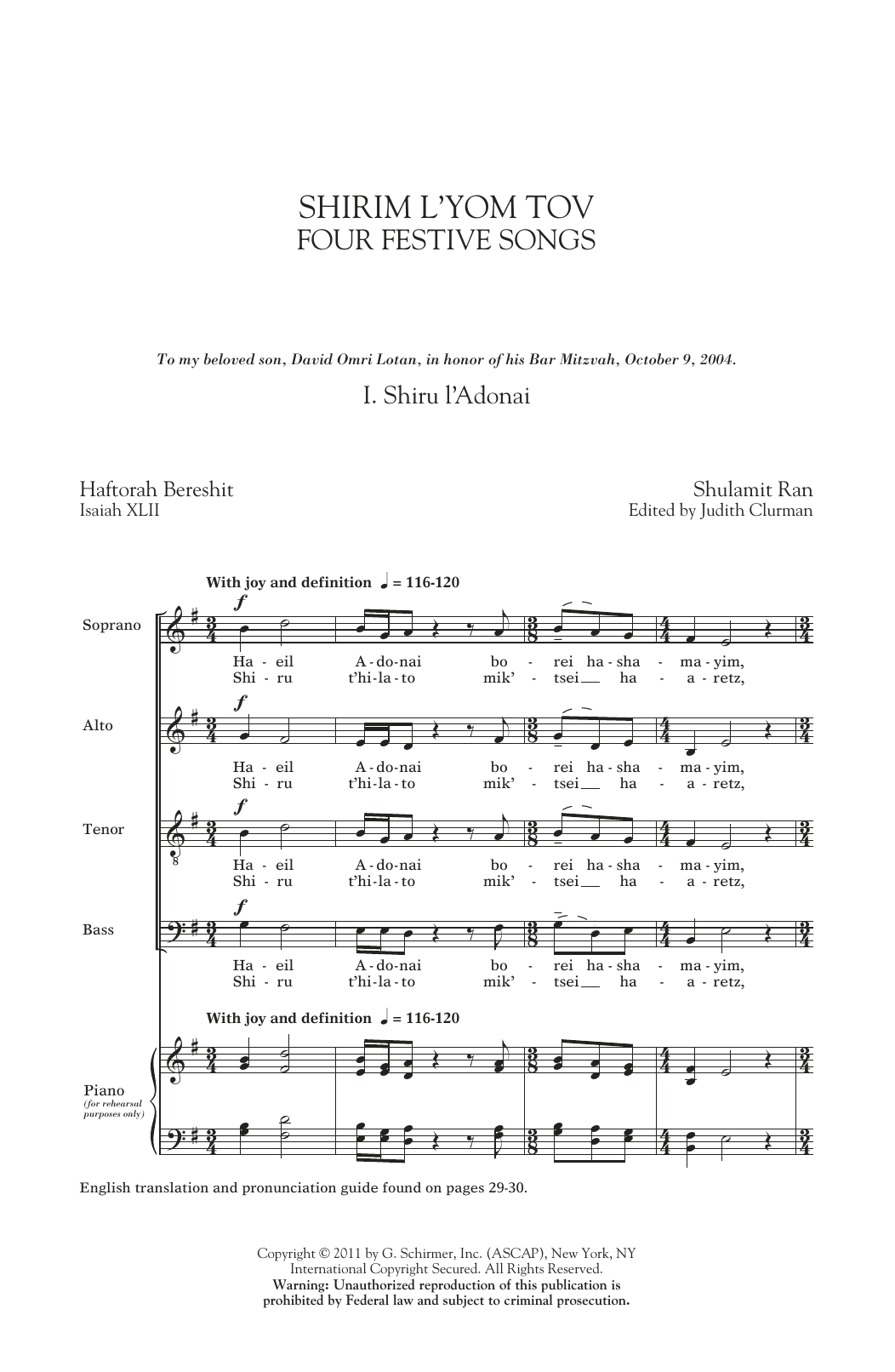 Download Shulamit Ran Four Festive Songs Sheet Music and learn how to play SATB PDF digital score in minutes