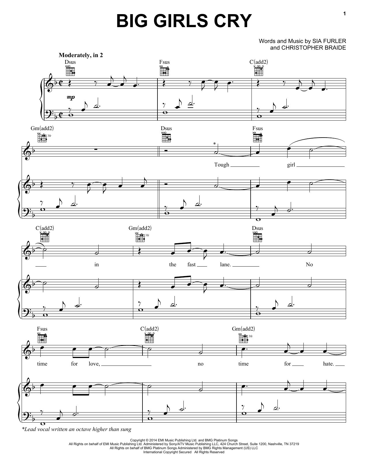 Download Sia Big Girls Cry Sheet Music and learn how to play Piano, Vocal & Guitar (Right-Hand Melody) PDF digital score in minutes