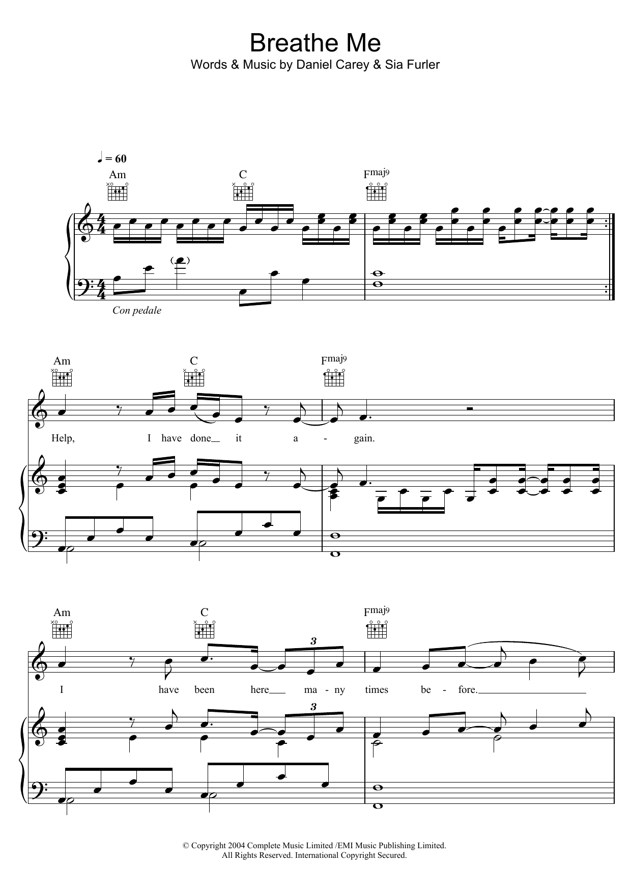 Download Sia Breathe Me Sheet Music and learn how to play Piano Solo PDF digital score in minutes