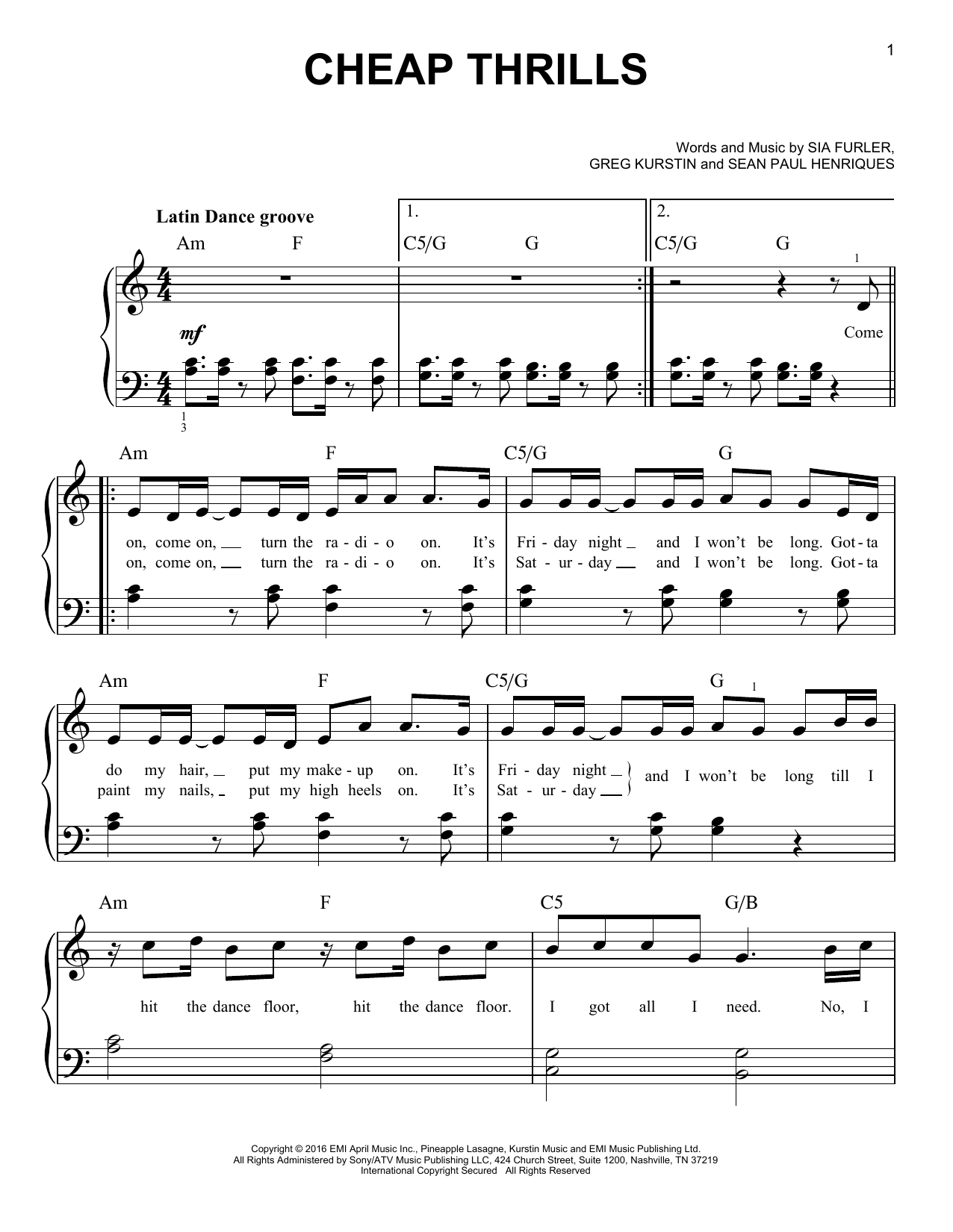 Download Sia Cheap Thrills (feat. Sean Paul) Sheet Music and learn how to play Easy Piano PDF digital score in minutes