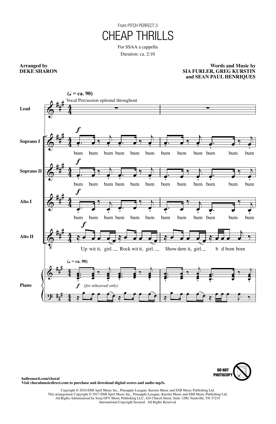 Download Sia Cheap Thrills (feat. Sean Paul) (arr. Deke Sharon) Sheet Music and learn how to play SSAA PDF digital score in minutes