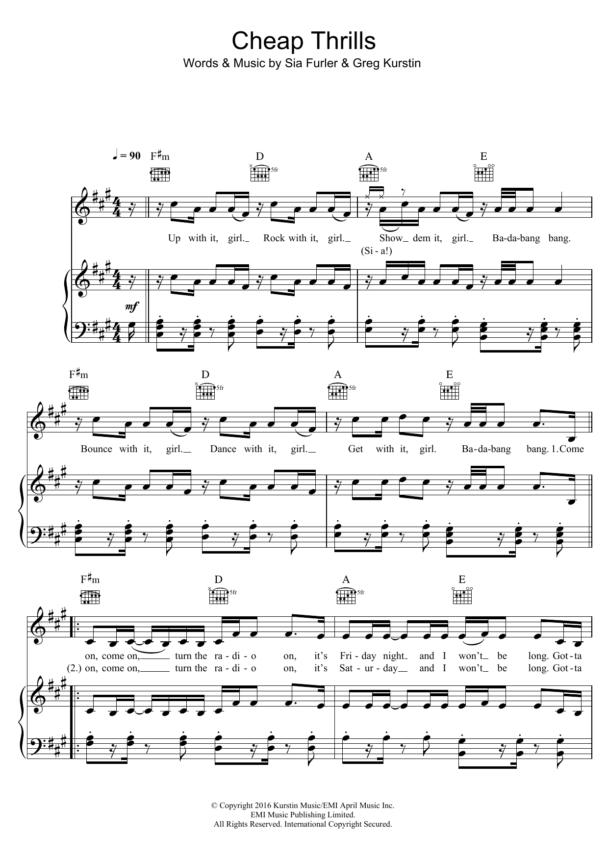 Download Sia Cheap Thrills Sheet Music and learn how to play Piano, Vocal & Guitar Chords PDF digital score in minutes