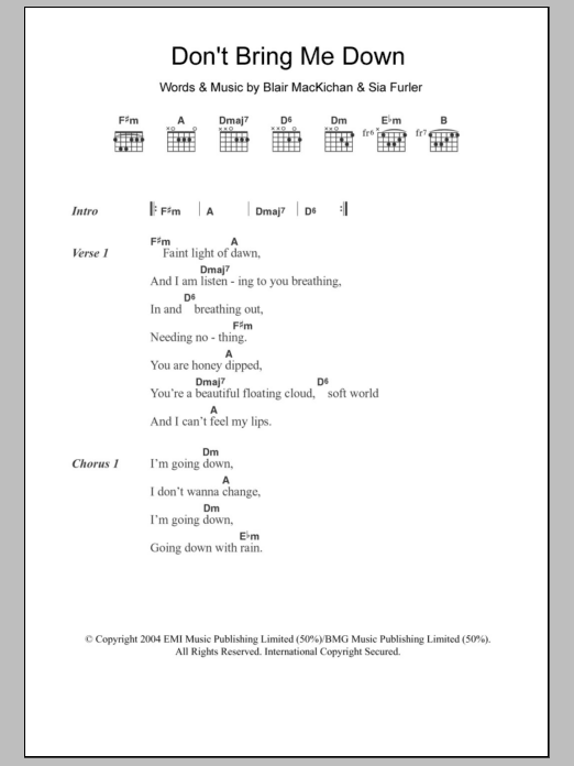 Download Sia Don't Bring Me Down Sheet Music and learn how to play Lyrics & Chords PDF digital score in minutes
