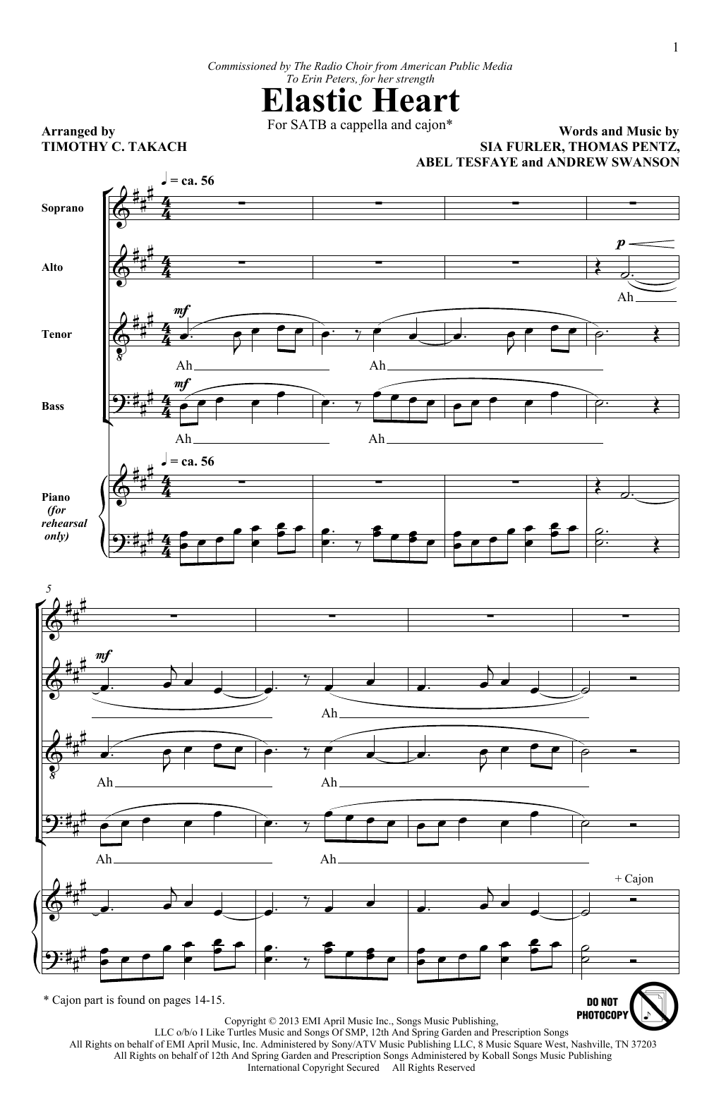 Download Sia Elastic Heart (feat. The Weeknd & Diplo) (arr. Timothy Takach) Sheet Music and learn how to play SATB PDF digital score in minutes