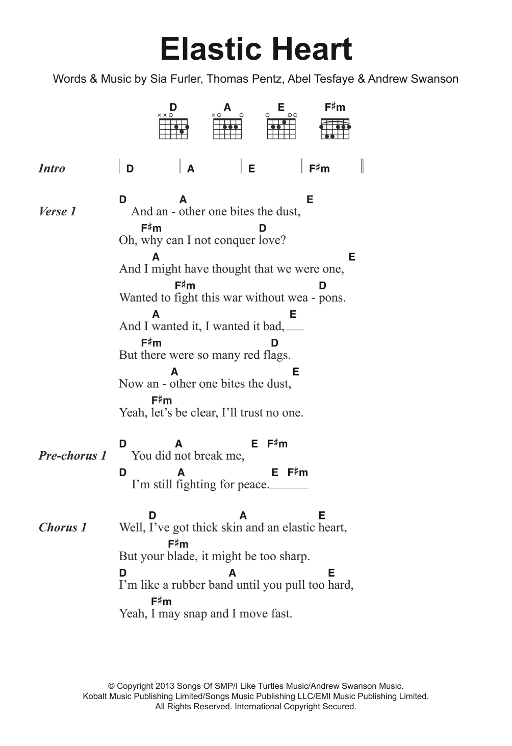 Download Sia Elastic Heart Sheet Music and learn how to play Ukulele Lyrics & Chords PDF digital score in minutes