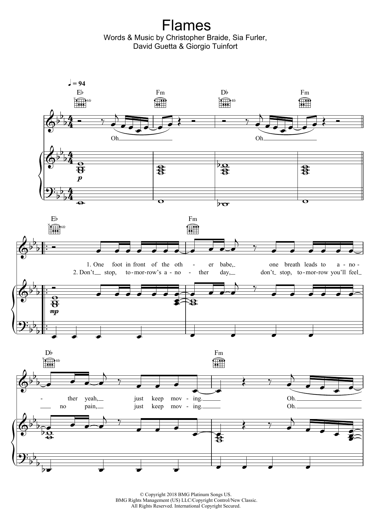 Download David Guetta Flames Sheet Music and learn how to play Piano, Vocal & Guitar (Right-Hand Melody) PDF digital score in minutes