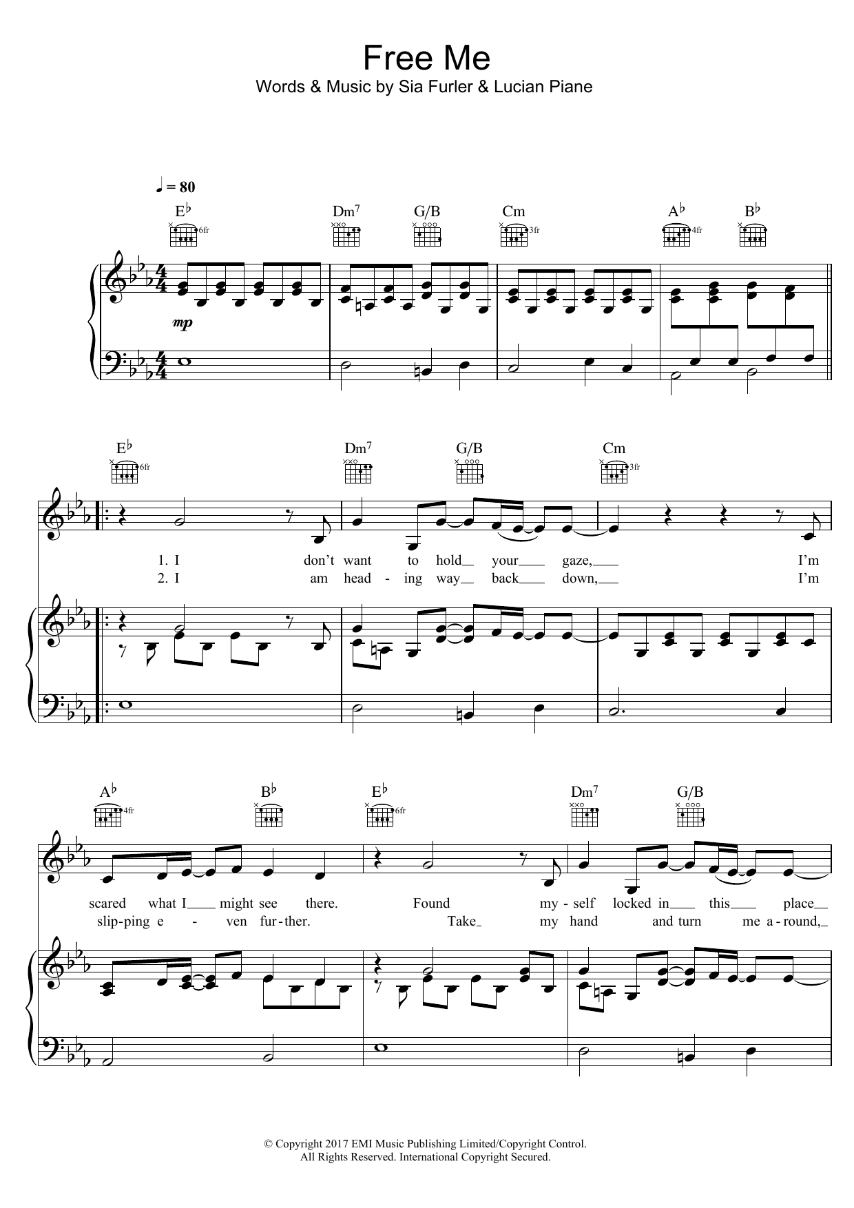 Download Sia Free Me Sheet Music and learn how to play Piano, Vocal & Guitar (Right-Hand Melody) PDF digital score in minutes