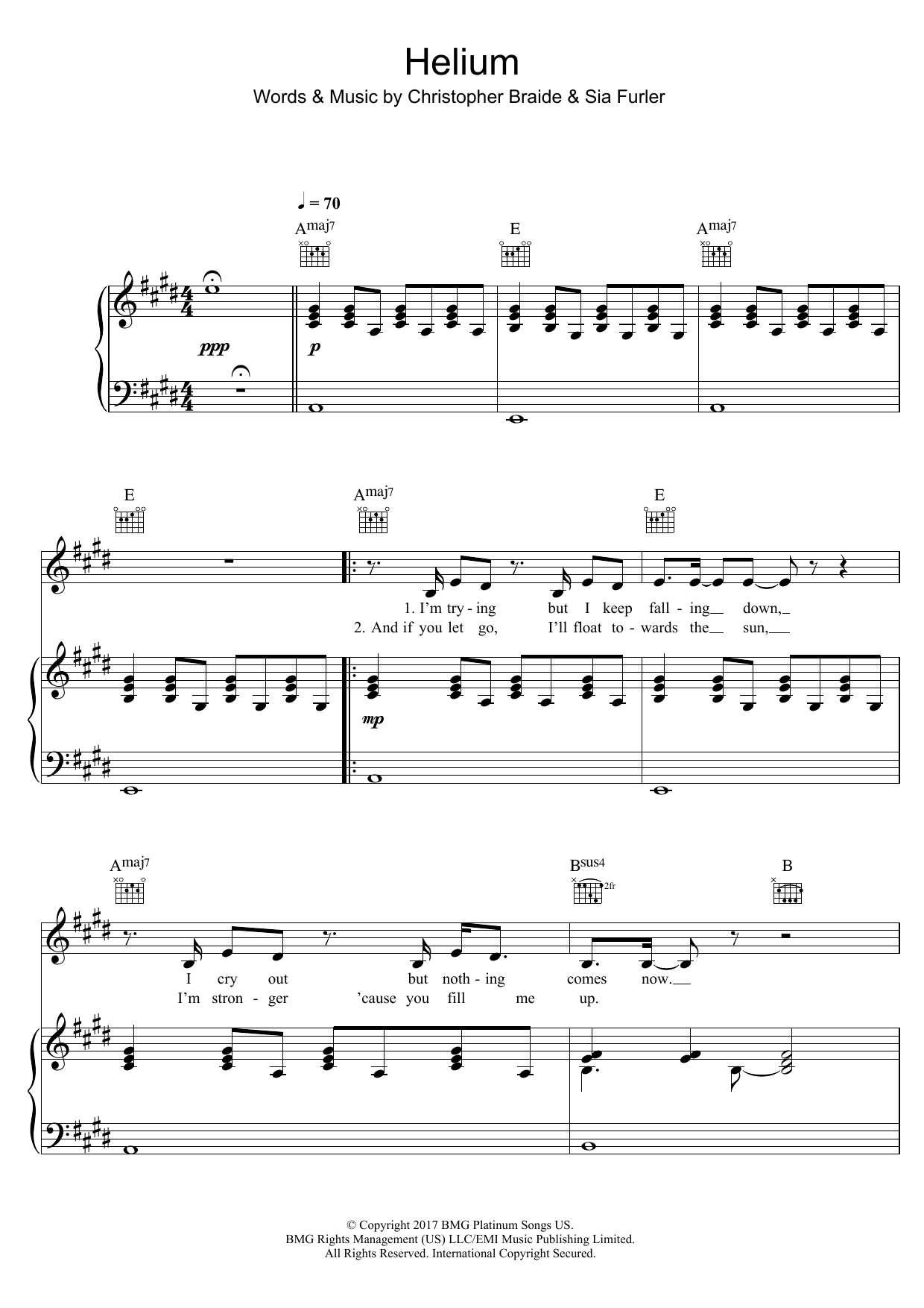Download Sia Helium Sheet Music and learn how to play Piano, Vocal & Guitar (Right-Hand Melody) PDF digital score in minutes