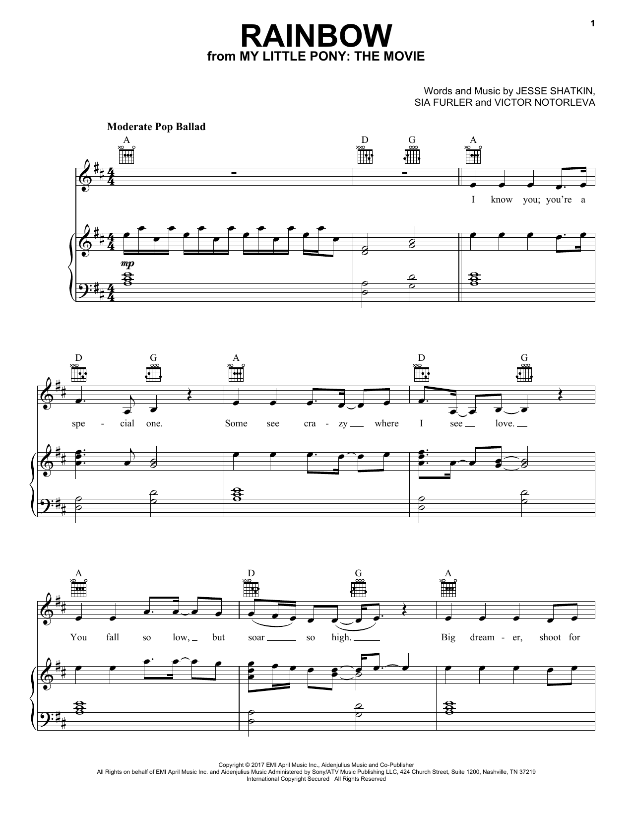 Download Sia Rainbow (from 'My Little Pony') Sheet Music and learn how to play Piano, Vocal & Guitar (Right-Hand Melody) PDF digital score in minutes