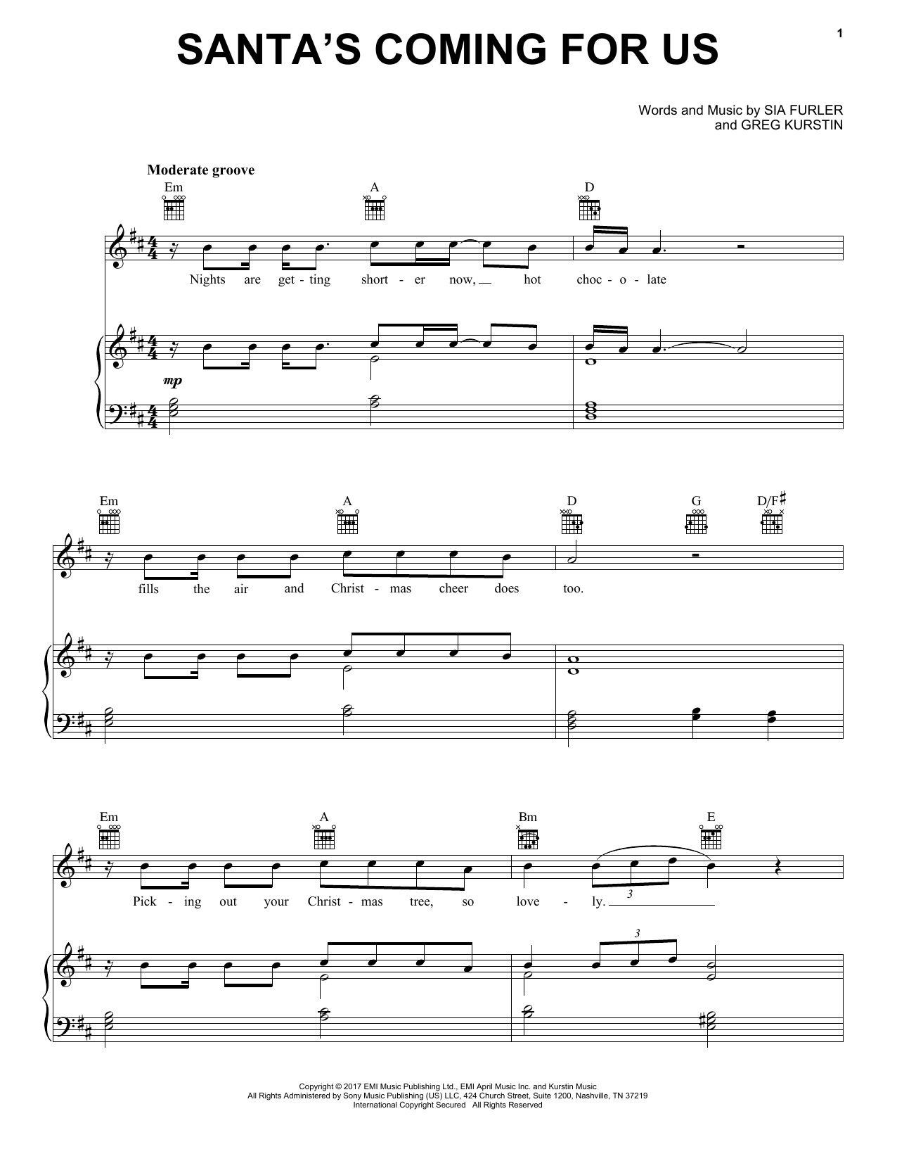 Download Sia Santa's Coming For Us Sheet Music and learn how to play Piano, Vocal & Guitar Chords (Right-Hand Melody) PDF digital score in minutes