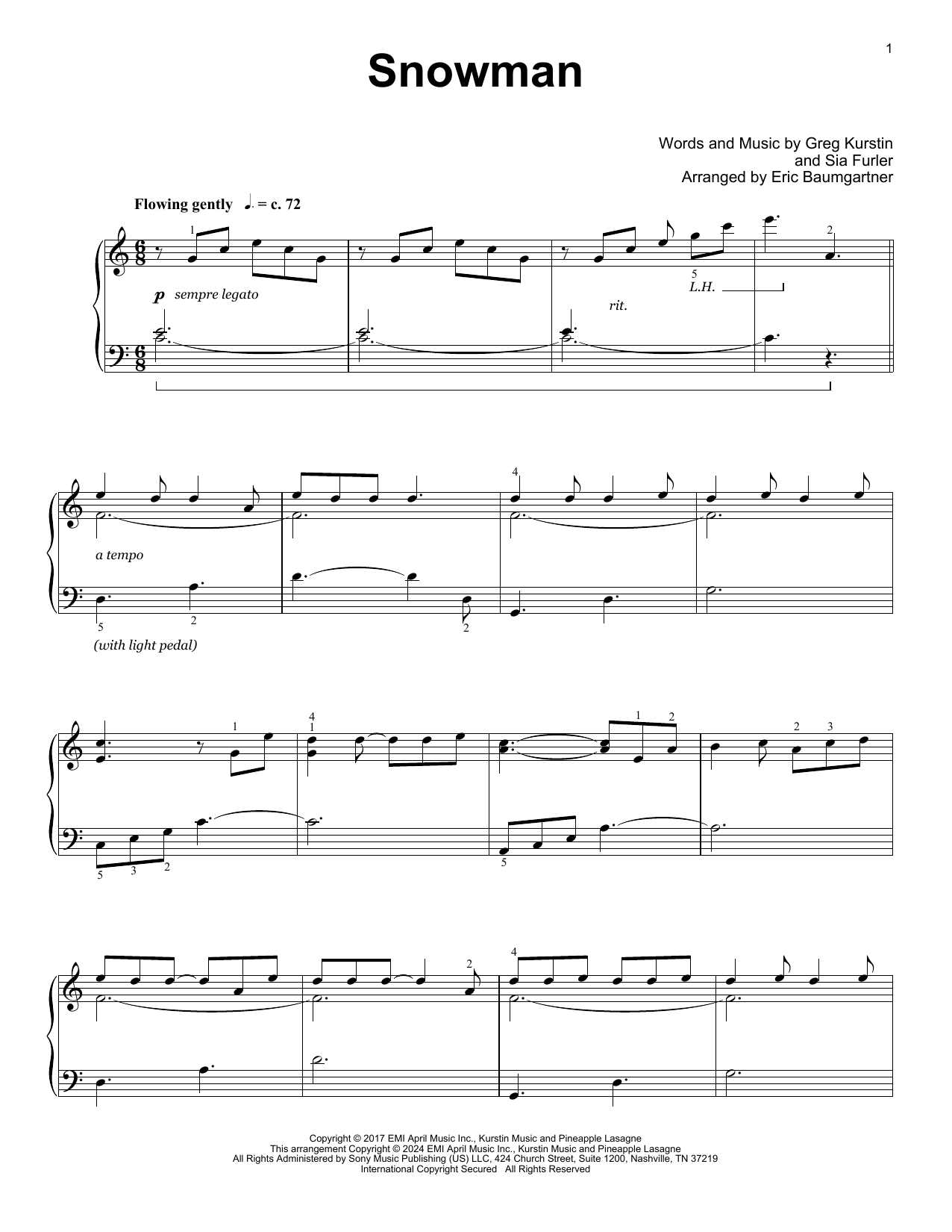 Download Sia Snowman (arr. Eric Baumgartner) Sheet Music and learn how to play Educational Piano PDF digital score in minutes