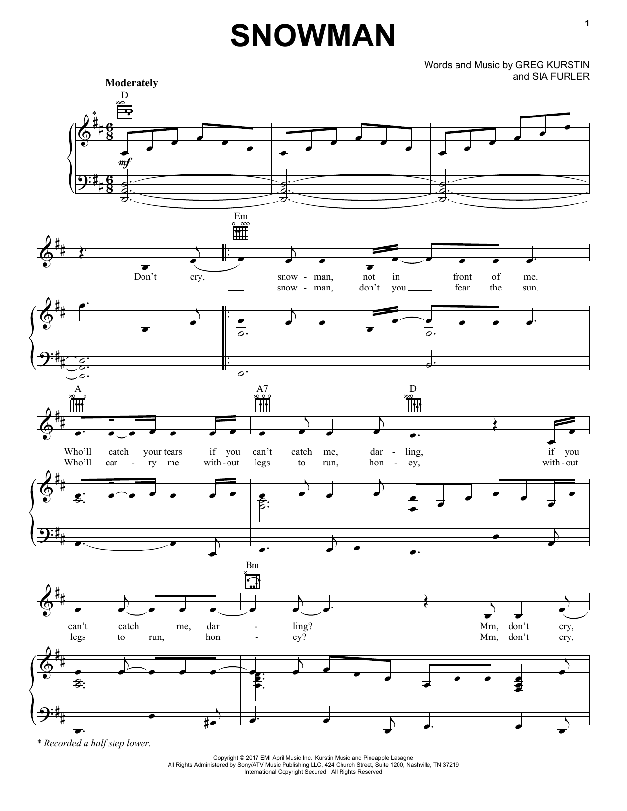 Download Sia Snowman Sheet Music and learn how to play Piano, Vocal & Guitar (Right-Hand Melody) PDF digital score in minutes