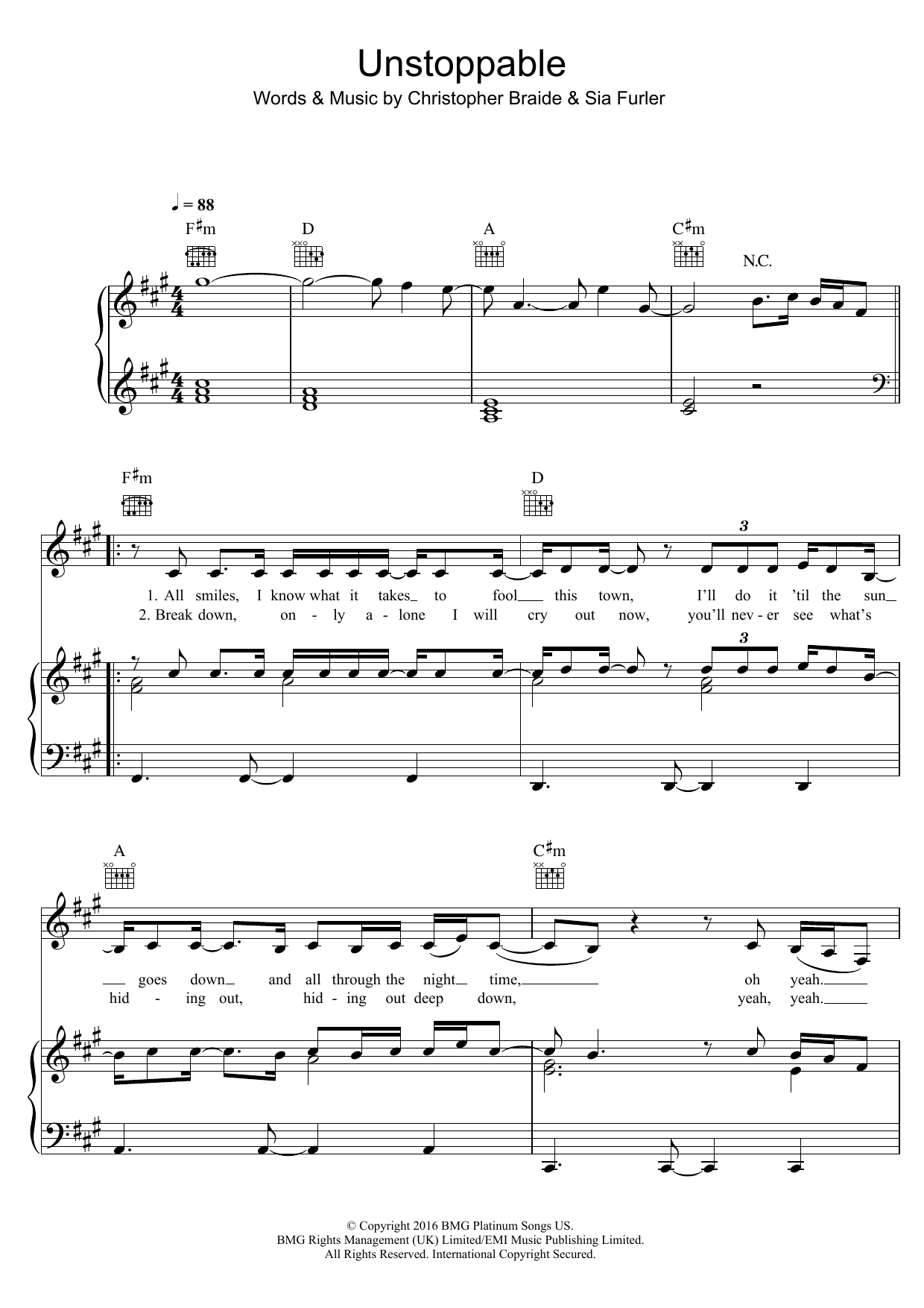 Download Sia Unstoppable Sheet Music and learn how to play Piano, Vocal & Guitar (Right-Hand Melody) PDF digital score in minutes