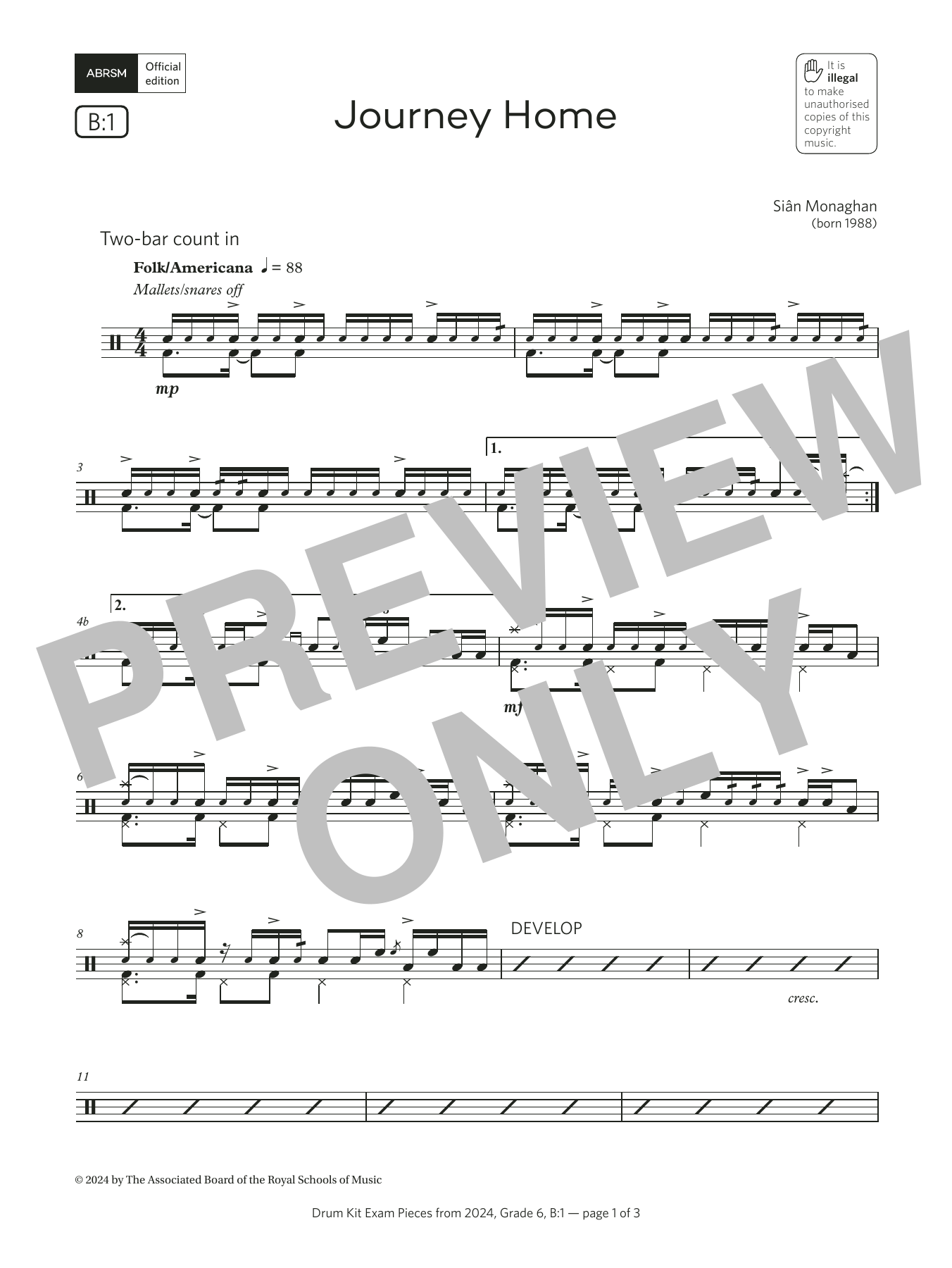Download Sian Monaghan Journey Home (Grade 6, list B1, from the ABRSM Drum Kit Syllabus 2024) Sheet Music and learn how to play Drums PDF digital score in minutes