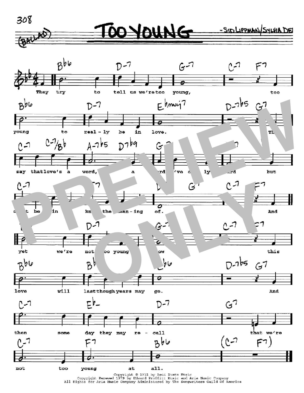 Download Sid Lippman Too Young Sheet Music and learn how to play Real Book – Melody, Lyrics & Chords PDF digital score in minutes