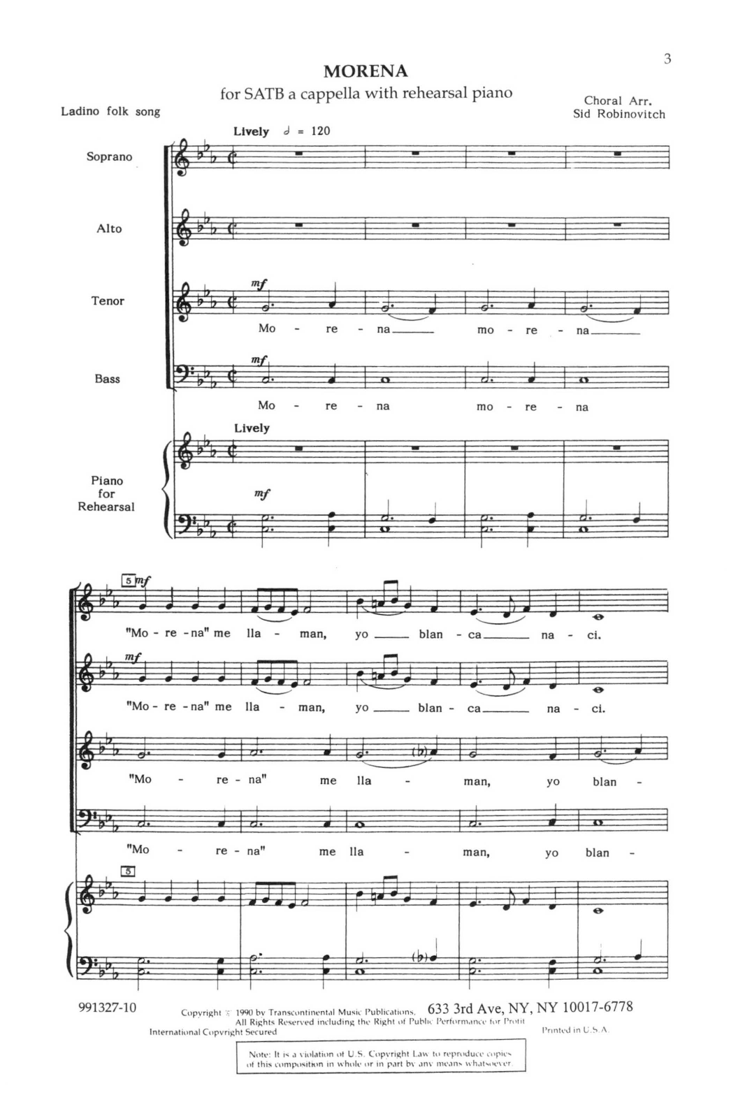 Download Sid Robinovitch Morena Sheet Music and learn how to play SATB Choir PDF digital score in minutes