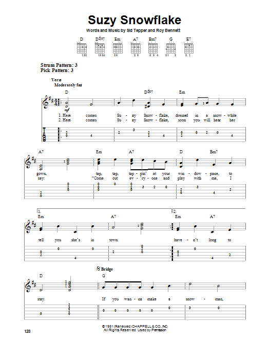 Download Sid Tepper Suzy Snowflake Sheet Music and learn how to play Easy Guitar Tab PDF digital score in minutes