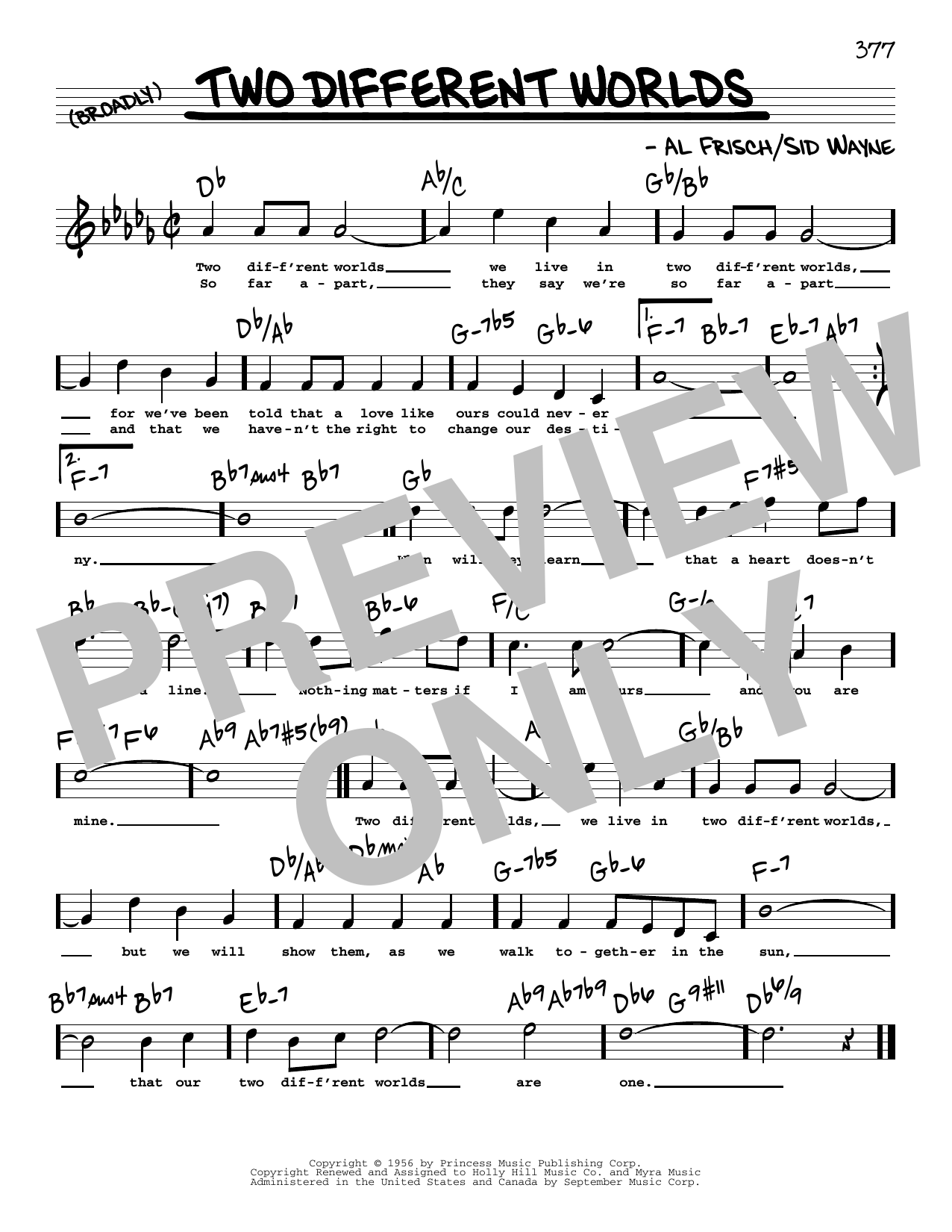 Download Sid Wayne Two Different Worlds (High Voice) Sheet Music and learn how to play Real Book – Melody, Lyrics & Chords PDF digital score in minutes