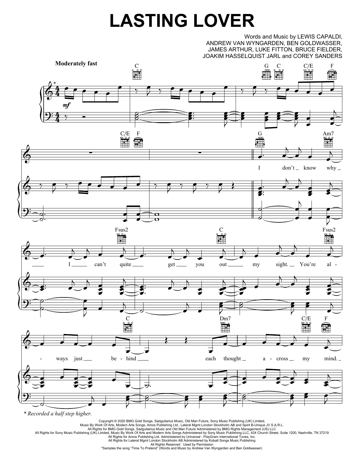 Download Sigala & James Arthur Lasting Lover Sheet Music and learn how to play Piano, Vocal & Guitar Chords (Right-Hand Melody) PDF digital score in minutes