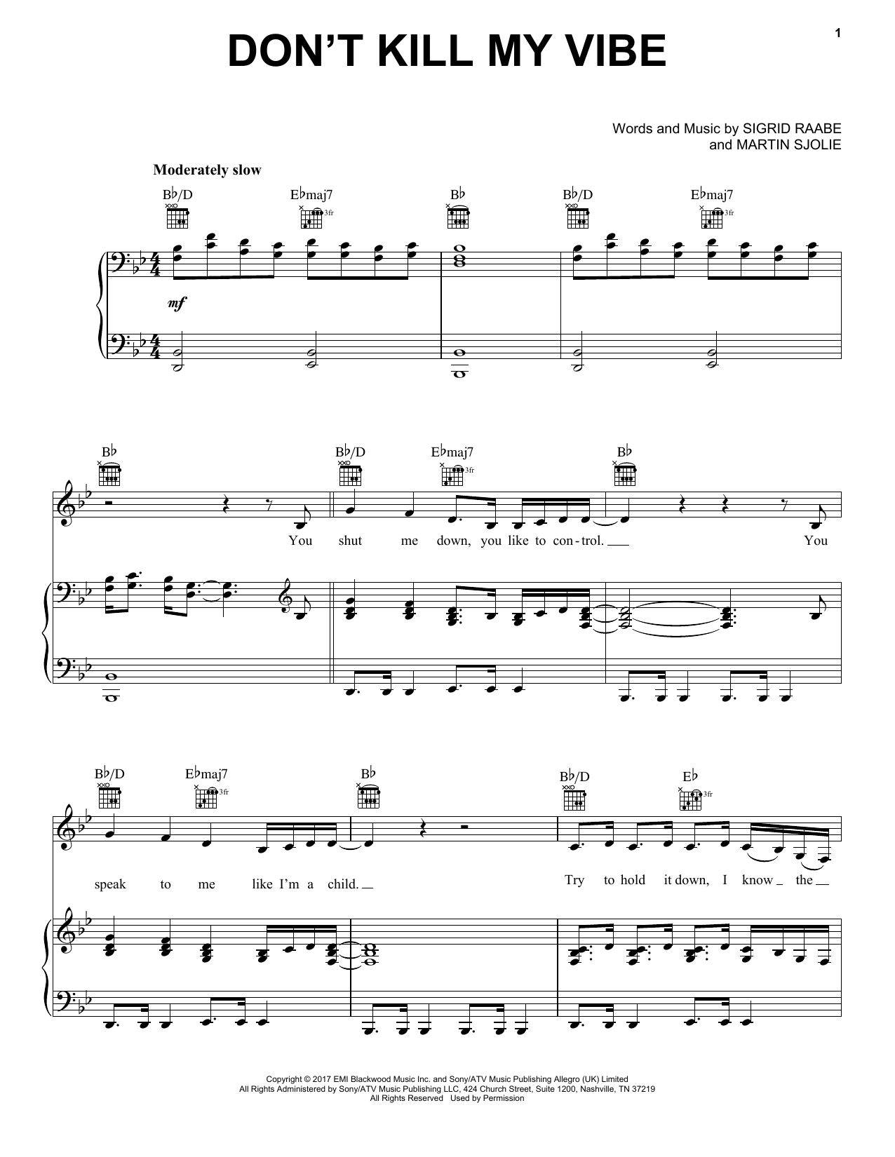 Download Sigrid Don't Kill My Vibe Sheet Music and learn how to play Piano, Vocal & Guitar (Right-Hand Melody) PDF digital score in minutes