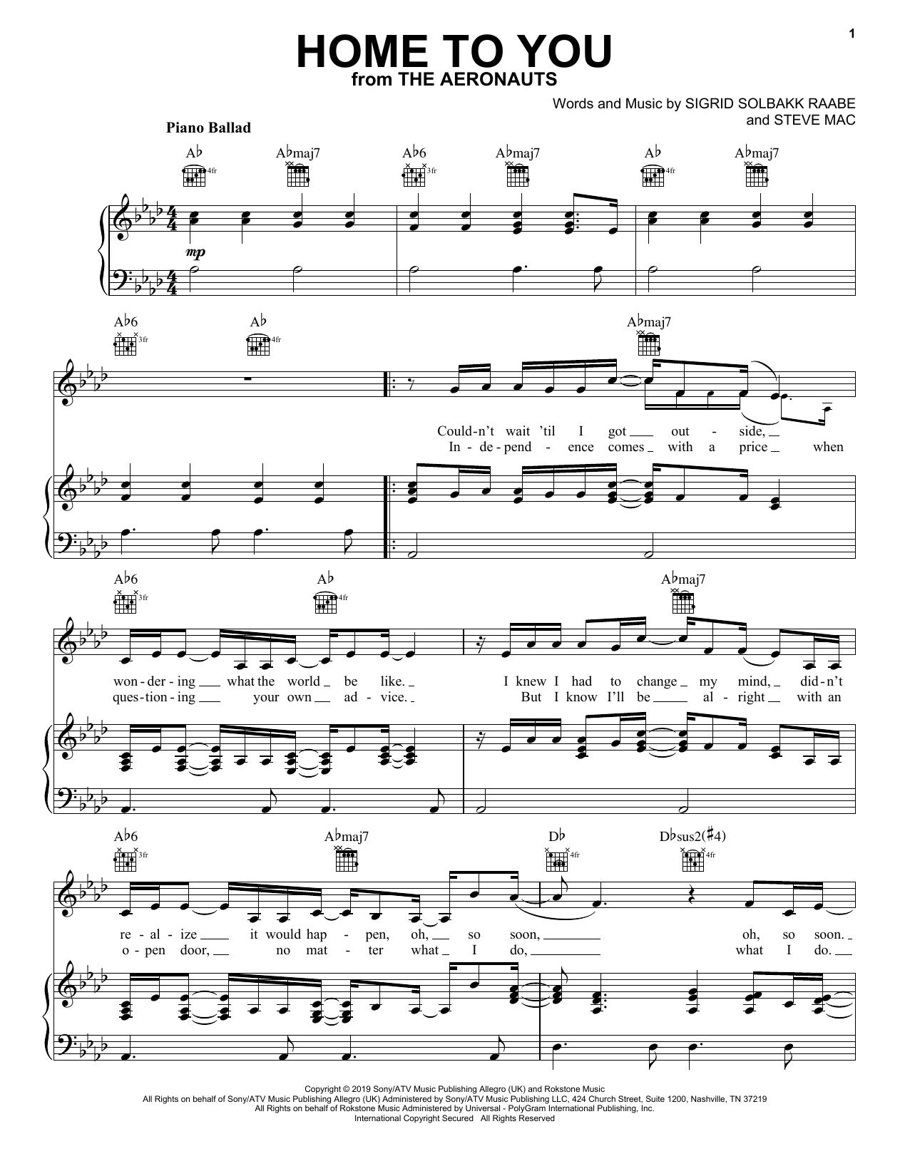 Download Sigrid Home To You (from The Aeronauts) Sheet Music and learn how to play Piano, Vocal & Guitar Chords (Right-Hand Melody) PDF digital score in minutes