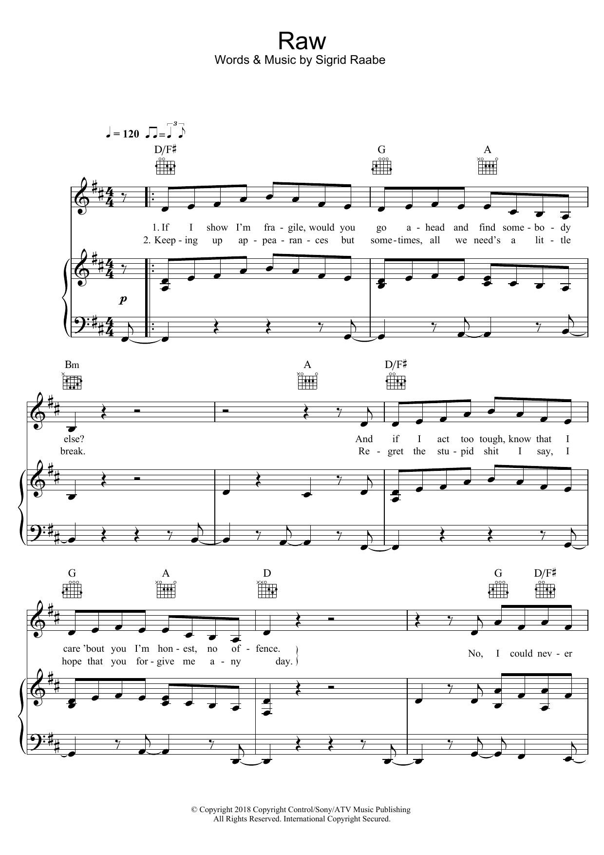 Download Sigrid Raw Sheet Music and learn how to play Piano, Vocal & Guitar (Right-Hand Melody) PDF digital score in minutes