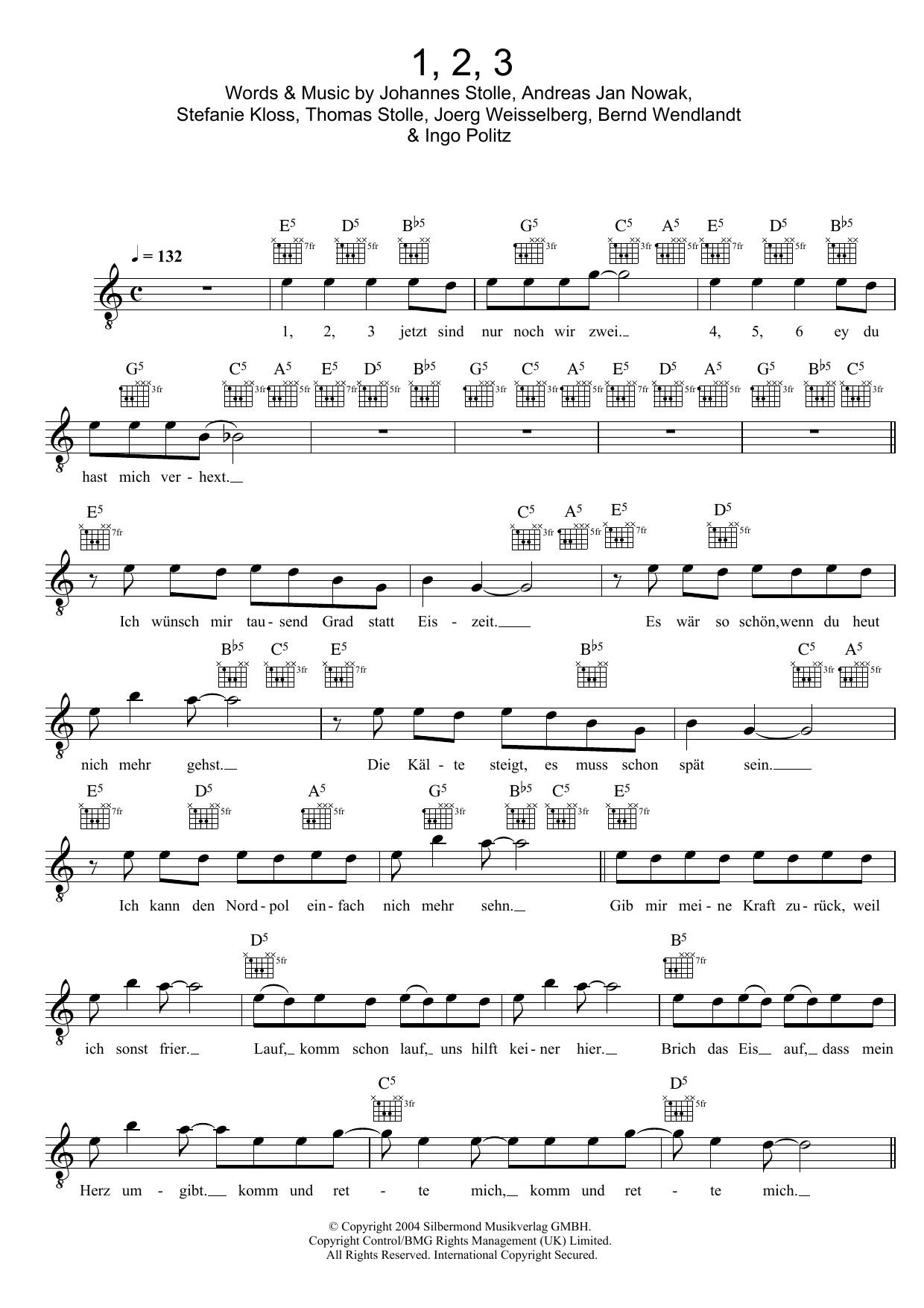 Download Silbermond 1, 2, 3 Sheet Music and learn how to play Melody Line, Lyrics & Chords PDF digital score in minutes