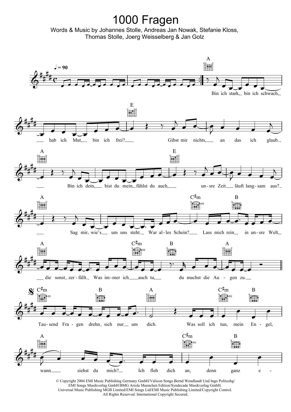 Download Silbermond 1000 Fragen Sheet Music and learn how to play Melody Line, Lyrics & Chords PDF digital score in minutes