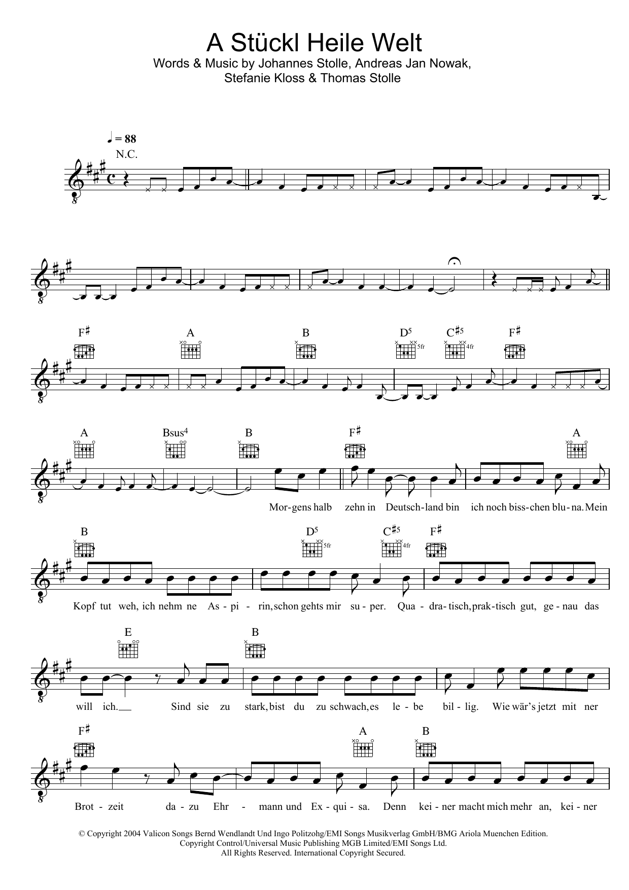 Download Silbermond A Stückl Heile Welt Sheet Music and learn how to play Melody Line, Lyrics & Chords PDF digital score in minutes