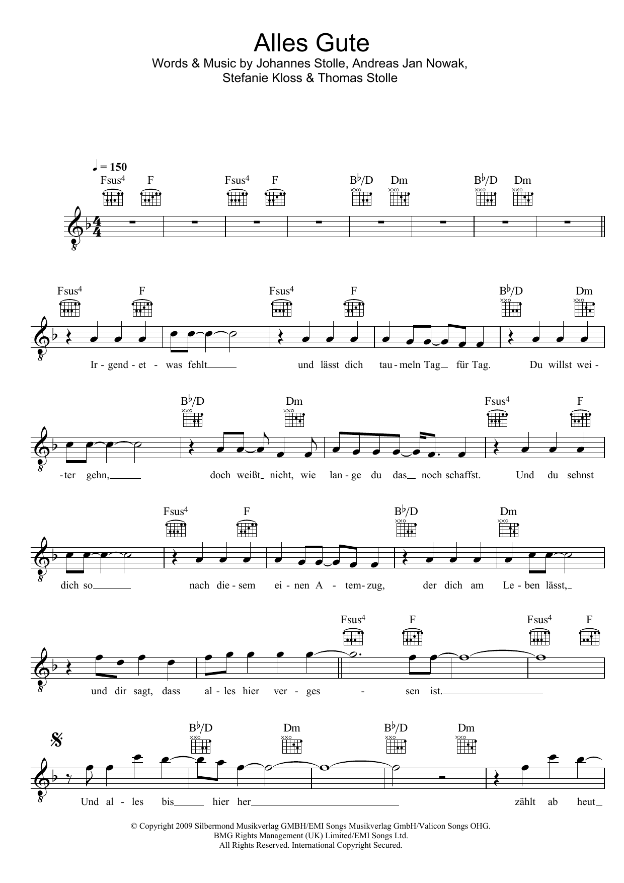 Download Silbermond Alles Gute Sheet Music and learn how to play Melody Line, Lyrics & Chords PDF digital score in minutes