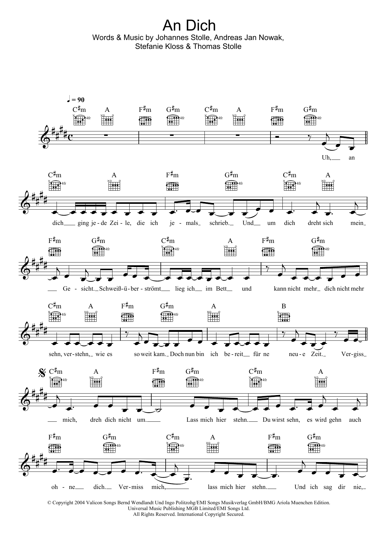 Download Silbermond An Dich Sheet Music and learn how to play Melody Line, Lyrics & Chords PDF digital score in minutes