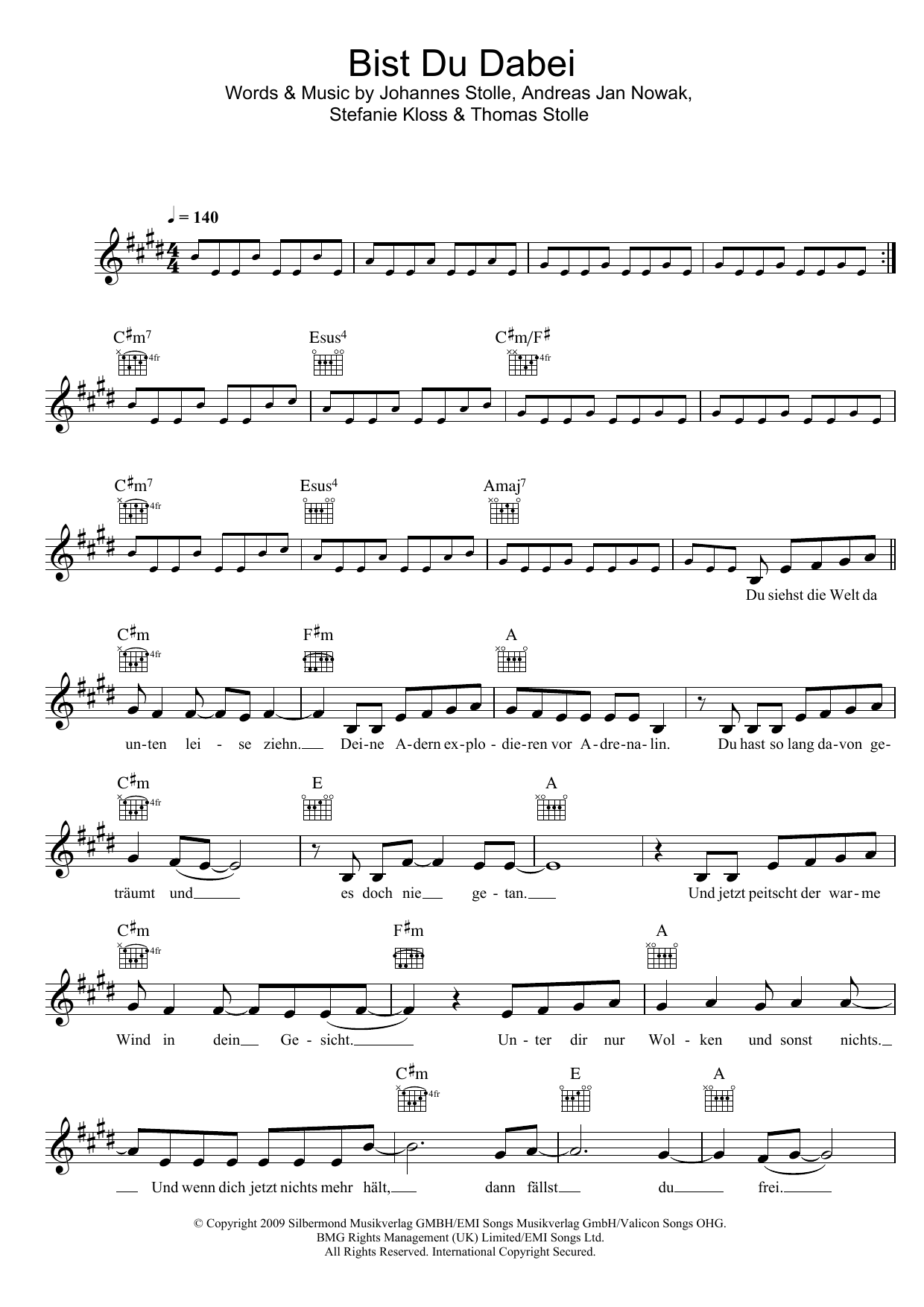 Download Silbermond Bist Du Dabei Sheet Music and learn how to play Melody Line, Lyrics & Chords PDF digital score in minutes