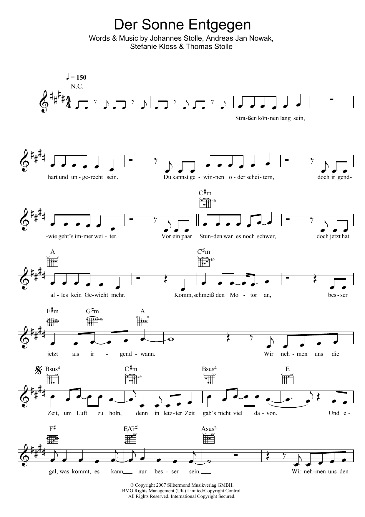 Download Silbermond Der Sonne Entgegen Sheet Music and learn how to play Melody Line, Lyrics & Chords PDF digital score in minutes