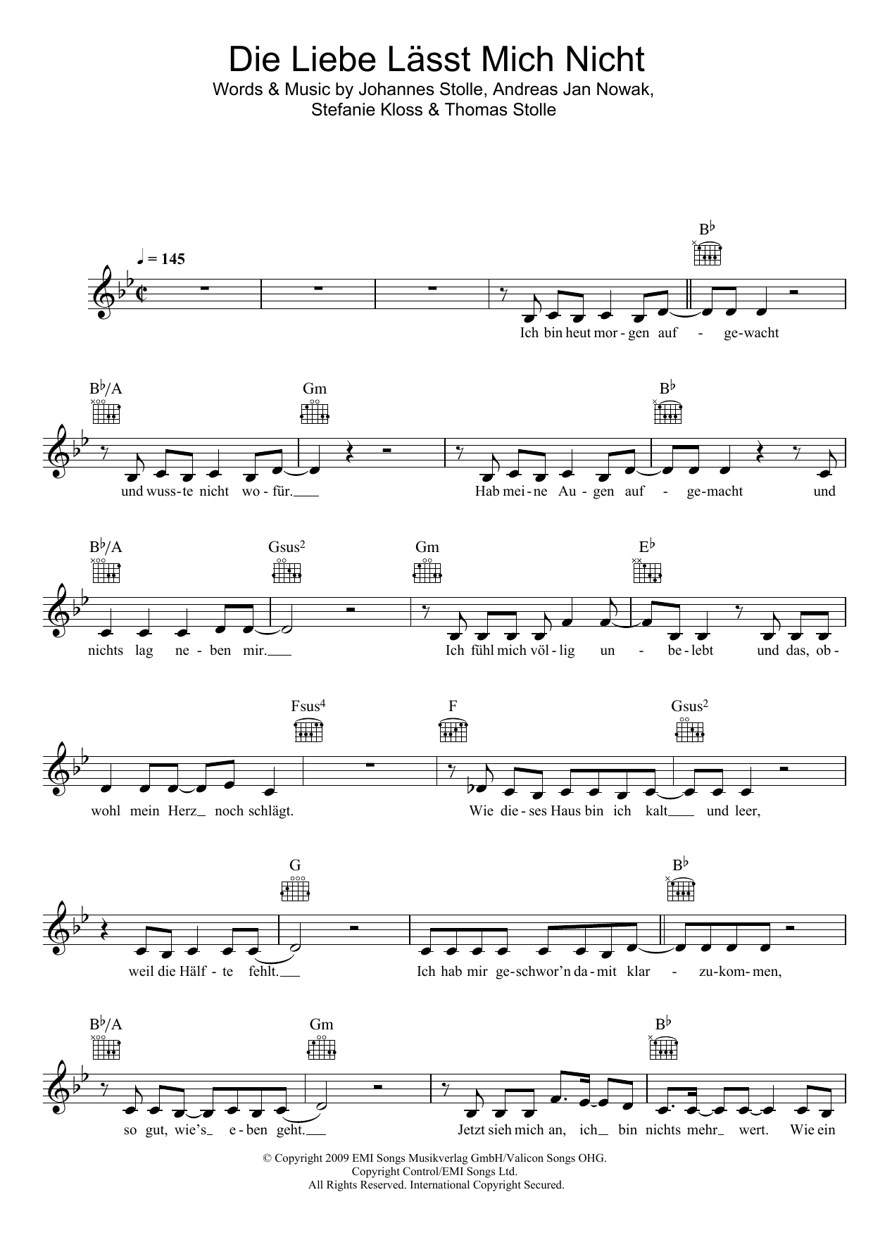 Download Silbermond Die Liebe Lässt Mich Nicht Sheet Music and learn how to play Melody Line, Lyrics & Chords PDF digital score in minutes