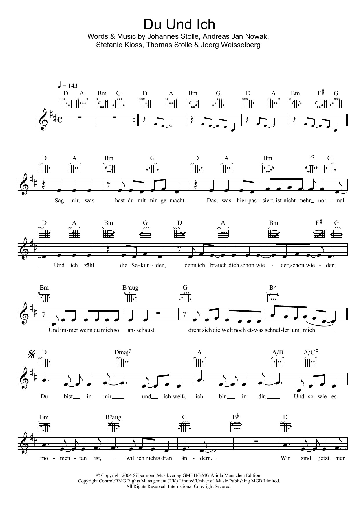 Download Silbermond Du Und Ich Sheet Music and learn how to play Melody Line, Lyrics & Chords PDF digital score in minutes