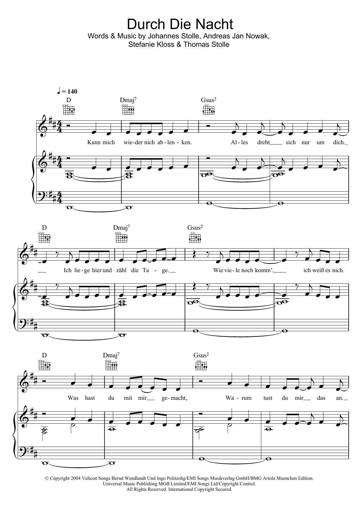 Download Silbermond Durch Die Nacht Sheet Music and learn how to play Piano, Vocal & Guitar (Right-Hand Melody) PDF digital score in minutes