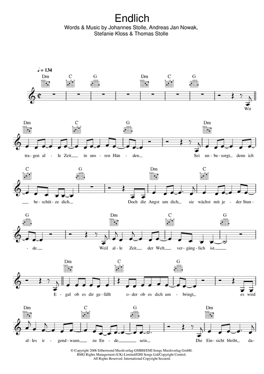 Download Silbermond Endlich Sheet Music and learn how to play Melody Line, Lyrics & Chords PDF digital score in minutes