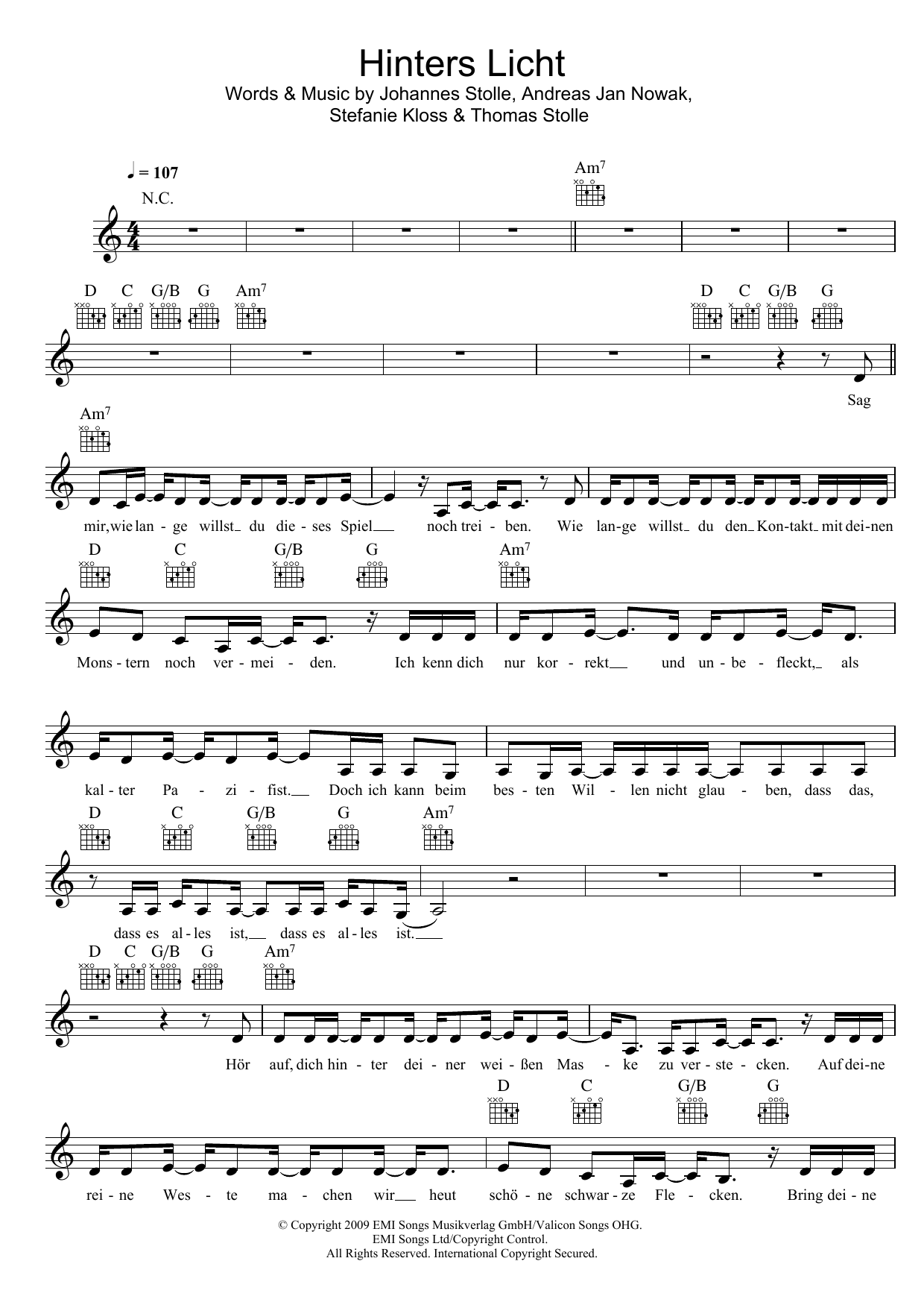 Download Silbermond Hinters Licht Sheet Music and learn how to play Melody Line, Lyrics & Chords PDF digital score in minutes