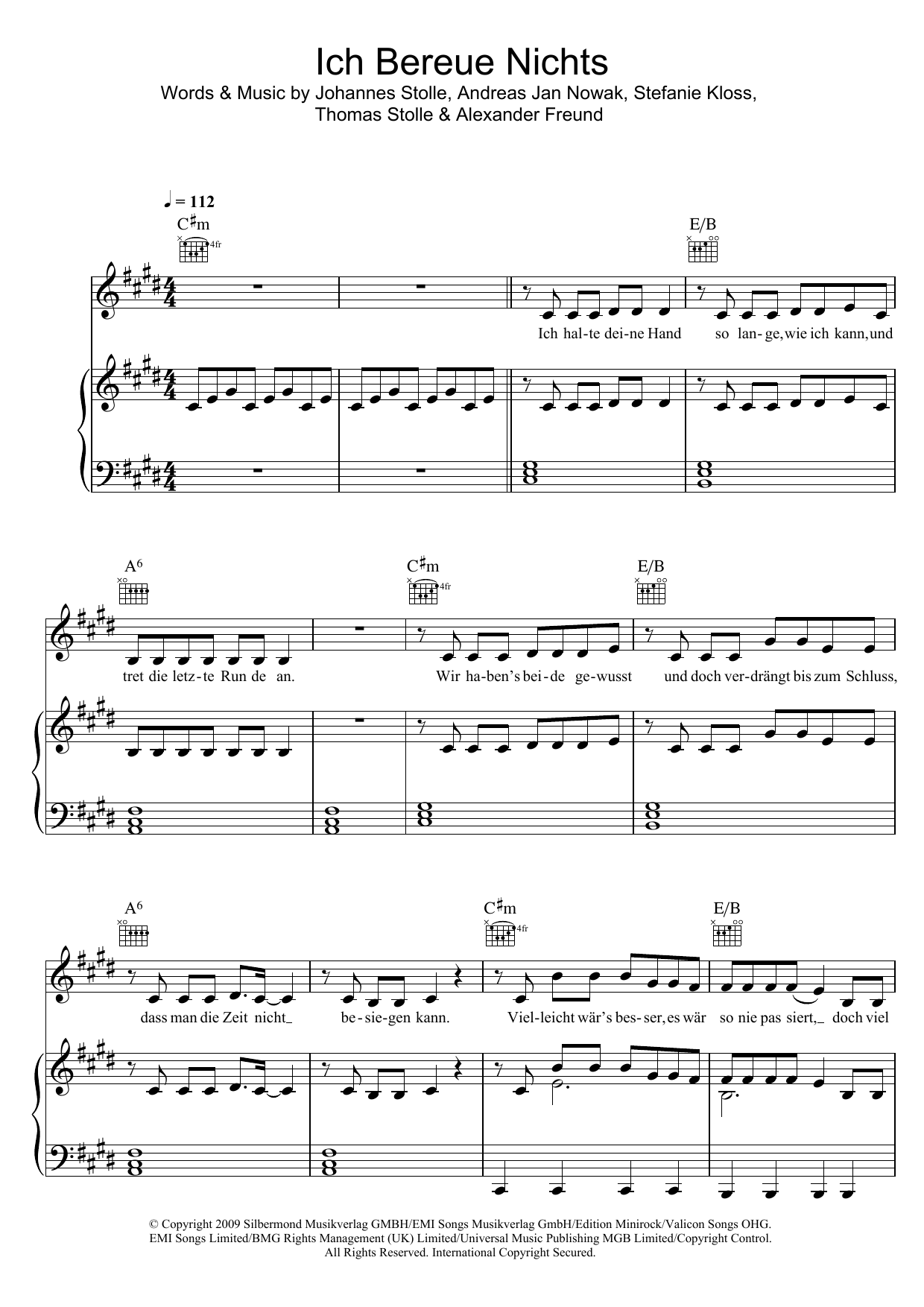 Download Silbermond Ich Bereue Nichts Sheet Music and learn how to play Piano, Vocal & Guitar (Right-Hand Melody) PDF digital score in minutes