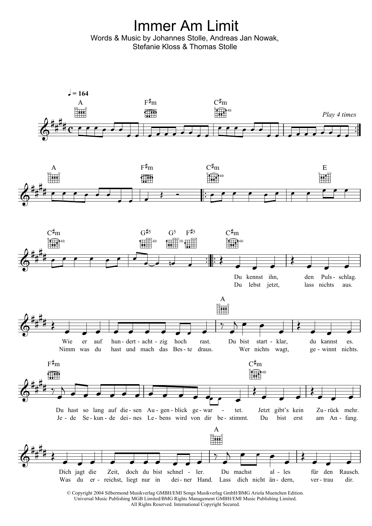 Download Silbermond Immer Am Limit Sheet Music and learn how to play Melody Line, Lyrics & Chords PDF digital score in minutes