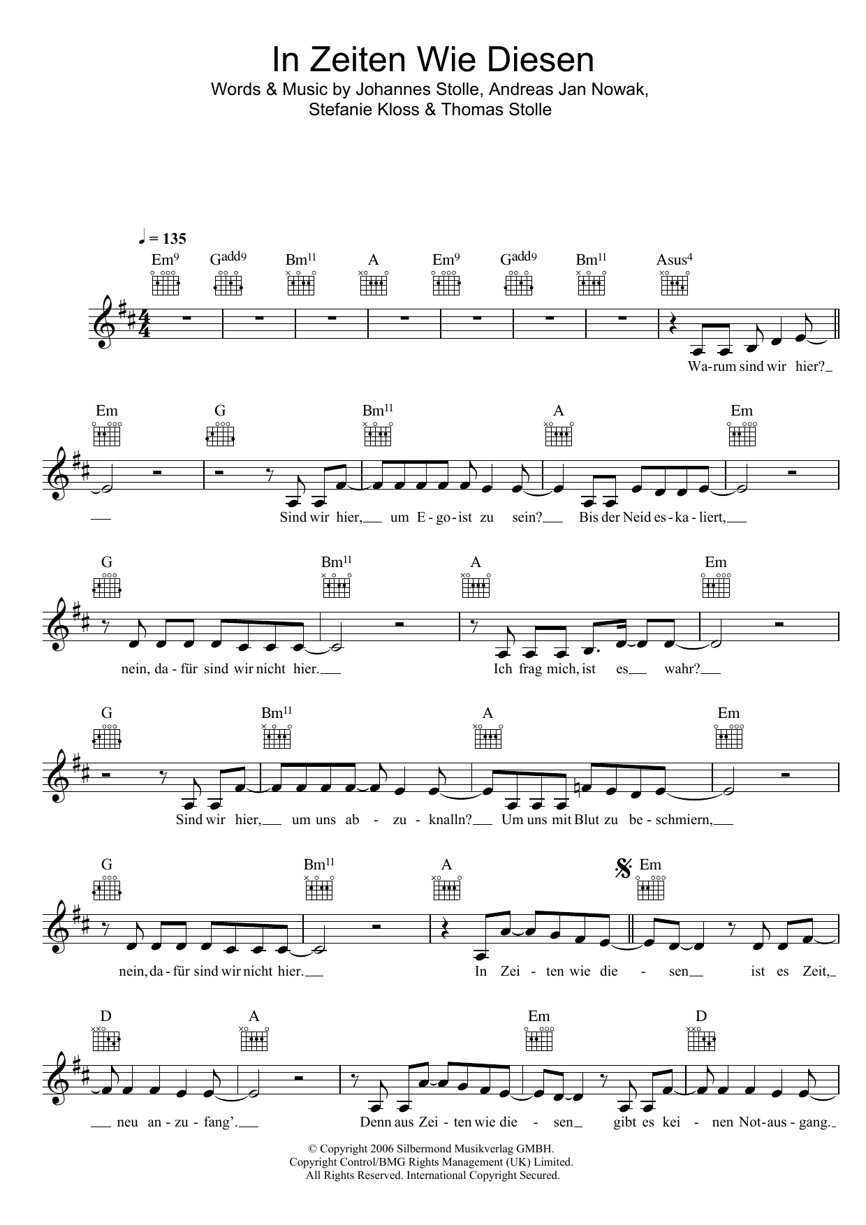 Download Silbermond In Zeiten Wie Diesen Sheet Music and learn how to play Melody Line, Lyrics & Chords PDF digital score in minutes